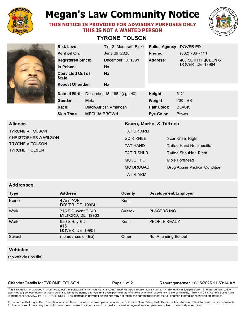 Megan’s Law Sex Offender Notifications 10-17-2025 – City of Dover ...